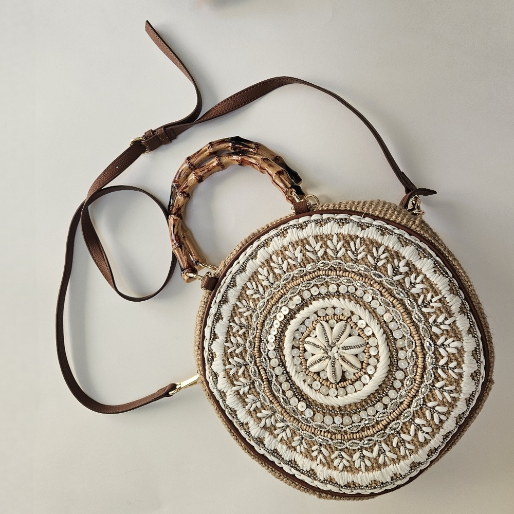 Chico's Round Circle Bag Jute Shell Beaded Design Bamboo Handle Beachy - Picture 8 of 8